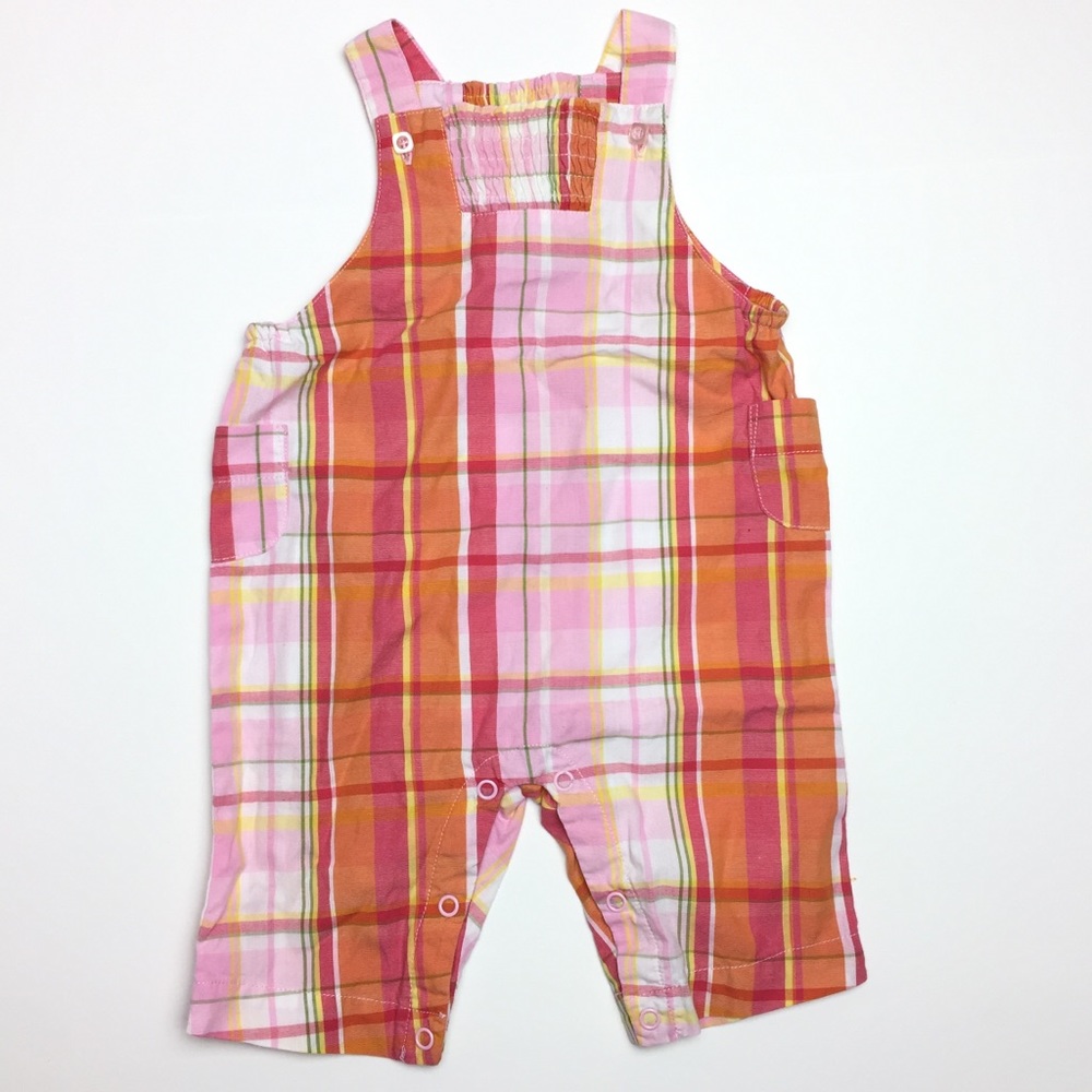 Orange Pink Plaid Overall Romper Cotton with Snaps